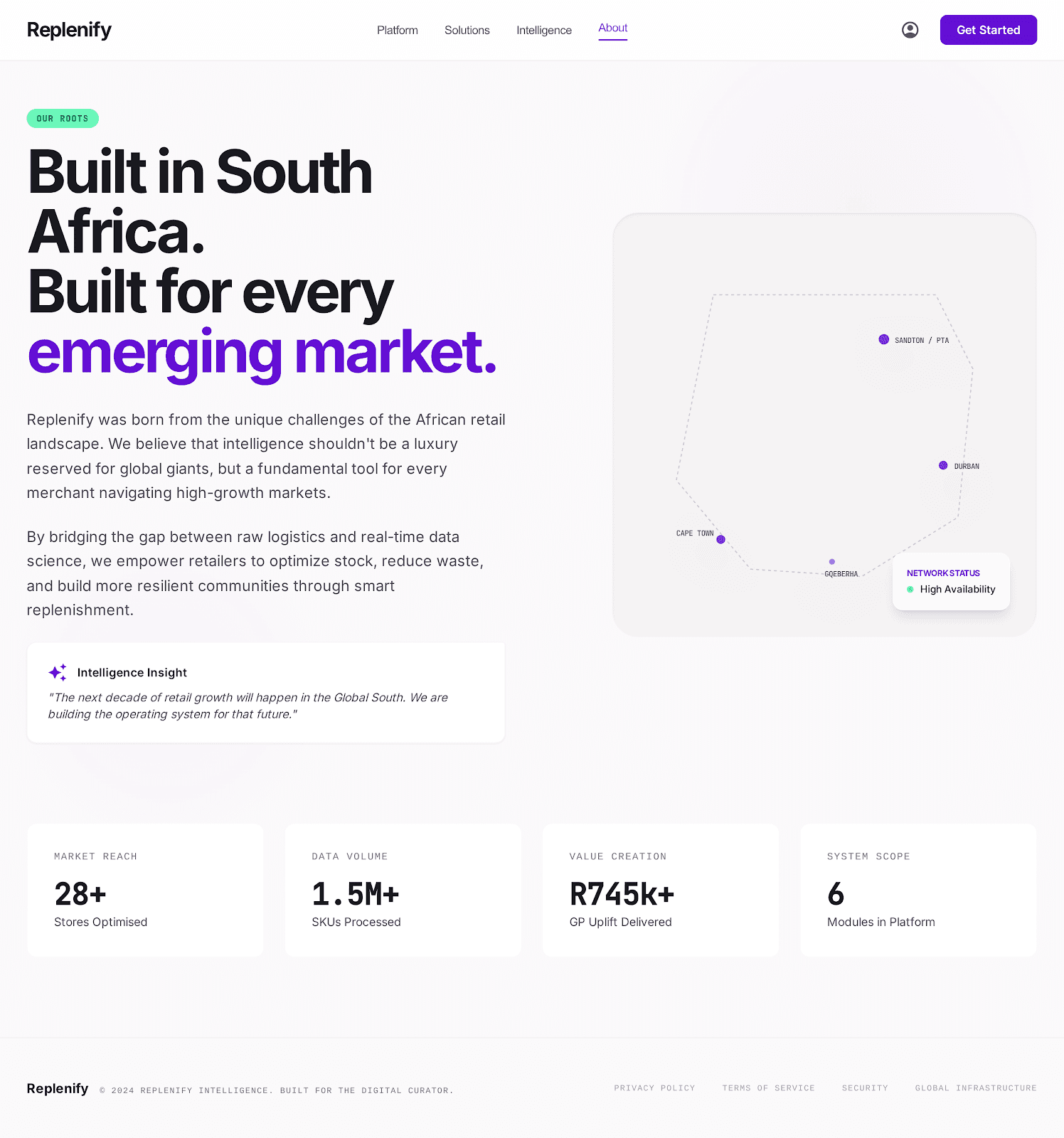 Replenify about page showing South Africa network map, store coverage, and platform statistics
